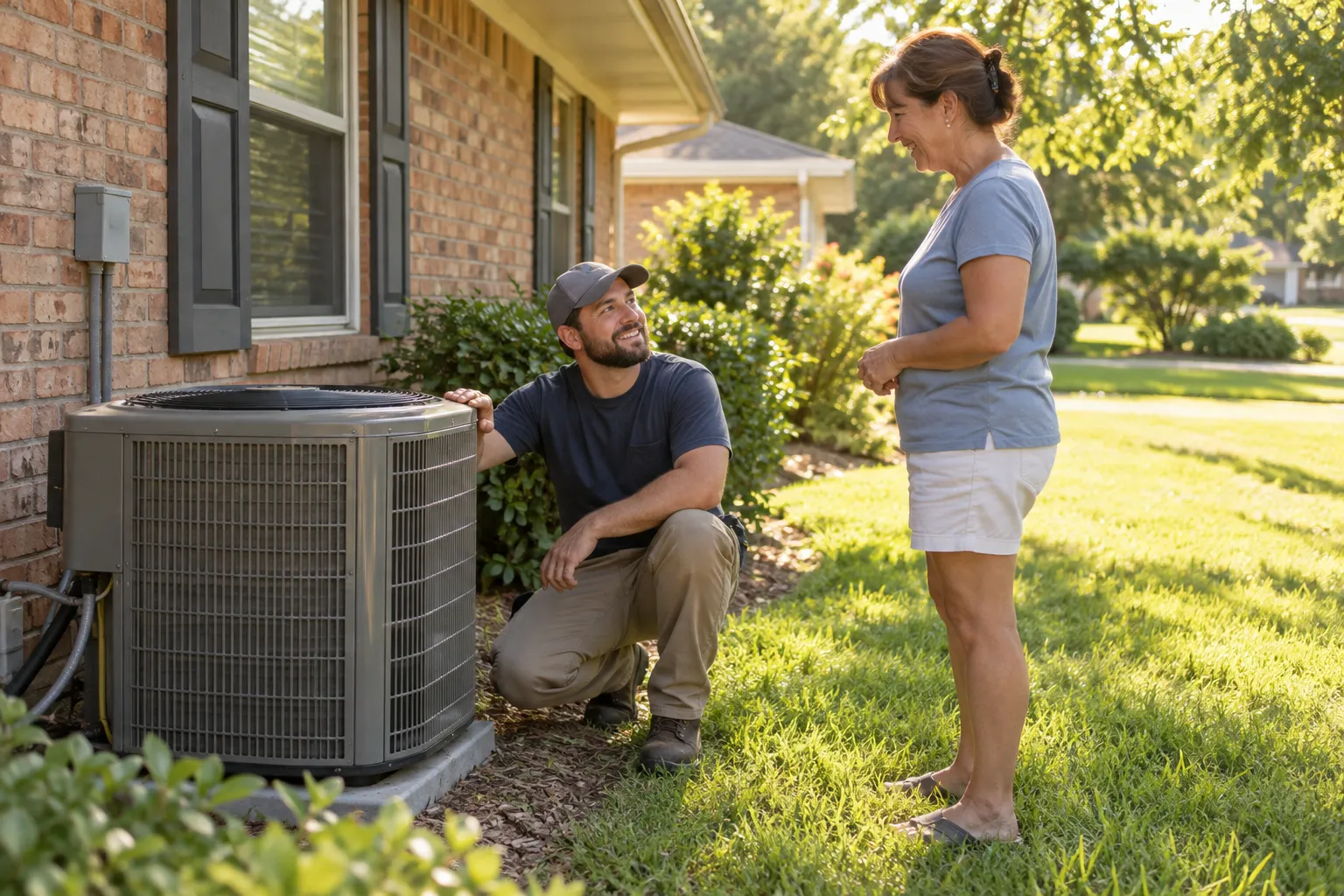 Friendly HVAC provider checking an outdoor air conditioner beside a brick ranch home in Mesquite
