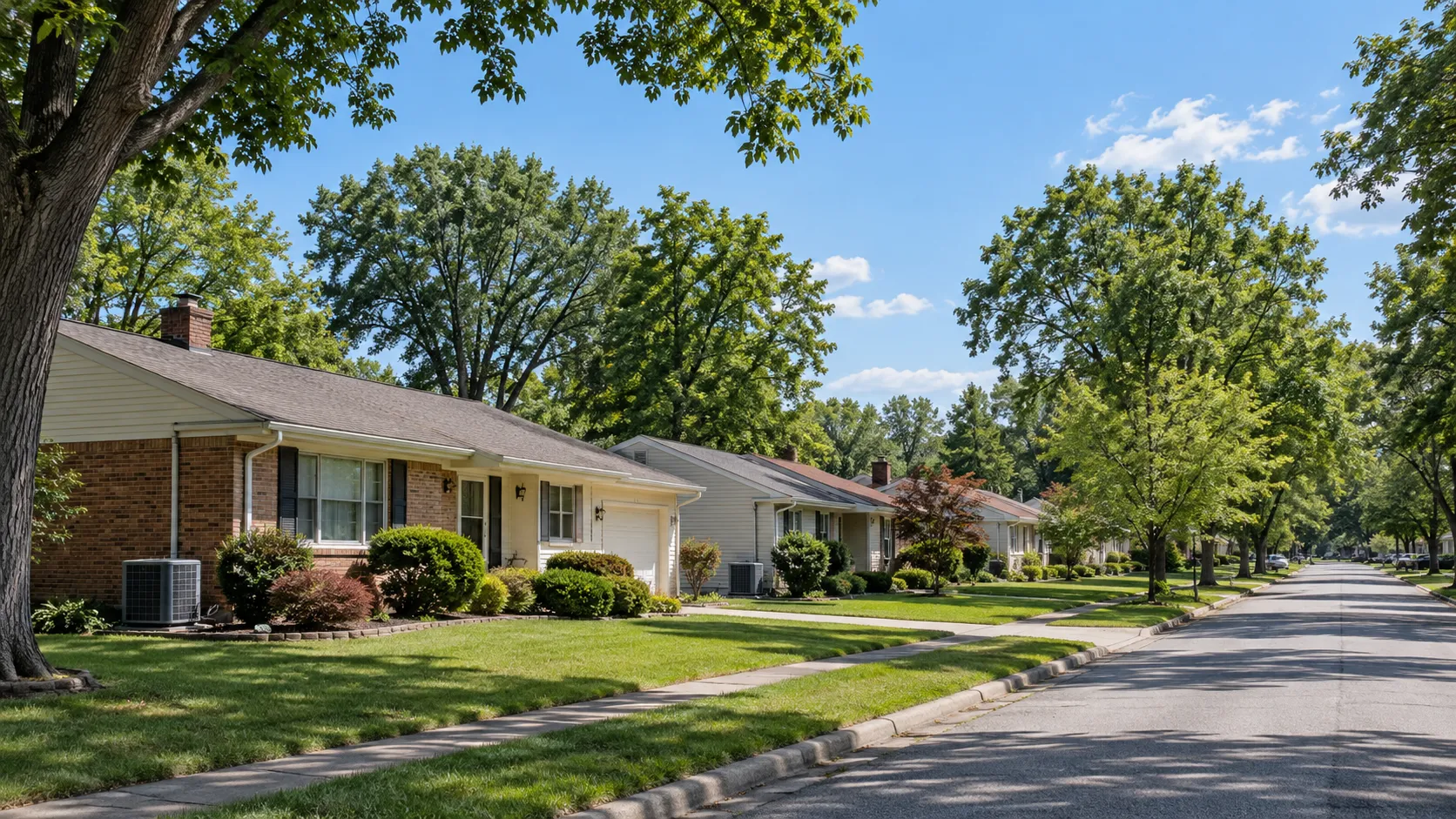 A neighborhood of ranch-style homes in Mesquite on a warm, humid day